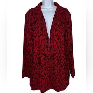 Women's MING WANG Cherry Red Black Patterned Knit Cardigan 2X